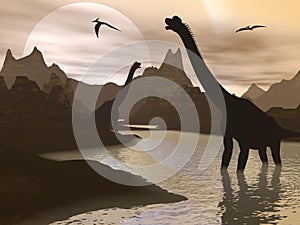 Brachiosaurus dinosaurs in water - 3D render