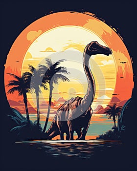 Brachiosaurus at Sunset T-Shirt Design with palm trees