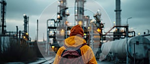 Bracing For Hazardous Duties, A Worker Approaches An Oil And Gas Facility