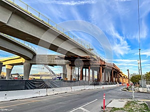 Bracing and support in place for a overhead freeway construction project