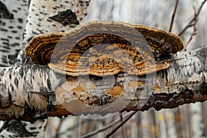 Bracket Fungus on Birch Tree Trunk Showcasing Textured Surface and Natural Patterns