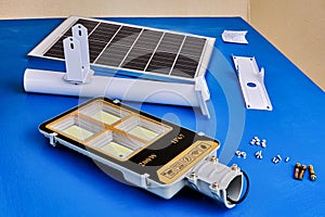 Bracket for mounting LED street lamp and solar panel for further installation on outdoor pole.