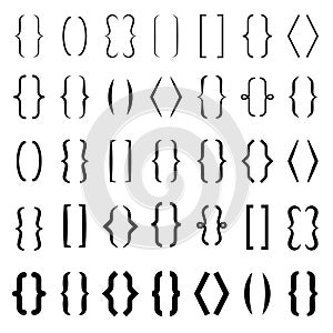 Bracket set. Curly calligraphic decorative line brackets for text accents and frame of ornament shapes vector