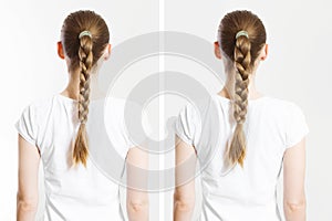 Before after Braid hair style. Back view woman braided hairstyles isolated on white background. Before-after Health care