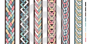 Braid lines. Wicker borders, colored knoted patterns, braided intertwined ropes, vector twist striped ornaments, curly