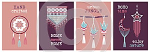 Braided boho decorations. Macrame posters, handmade items, ropes, loops and knots, ethnic dream catcher. Cozy home