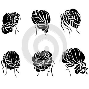 Braided hairstyle set of silhouettes, womens stylish hairstyles with curls and waves