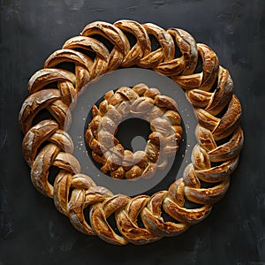 A braided loaf of bread on a wooden serveware in a circular pattern