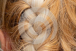 Braided spikelet on the head of a young blonde girl close up photo