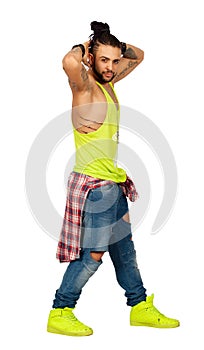 Braids hair urban style man hands behind his head. On white background. PNG available