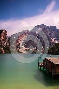 Braies lake and boats in mountain in Dolomites,Italy, Pragser Wildsee