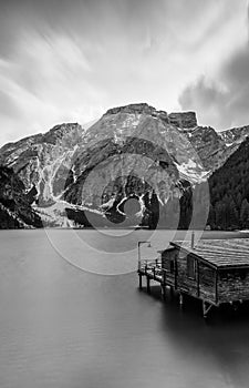 Braies lake and boats in mountain in Dolomites,Italy, Pragser Wildsee