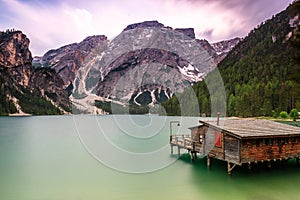 Braies lake and boats in mountain in Dolomites,Italy, Pragser Wildsee