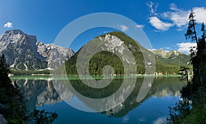 Braies lake in a clear day of summer