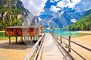 Braies lake in Dolomite Apls view