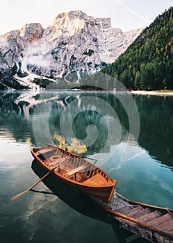 Braies lake in Dolomites, Italy