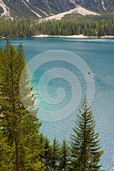 BRAIES LAKE, DOLOMITES, ITALY, 28 MAY, 2023: Tourists at Lago di Braies in the Dolomites, northern Italy, Europe