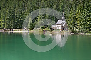 Braies Lake in Dolomites mountains, Seekofel in background, Sudtirol