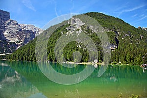 Braies Lake in Dolomites mountains, Seekofel in background, Sudtirol