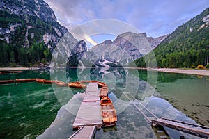 Braies Lake in Dolomites mountains, Sudtirol, Italy