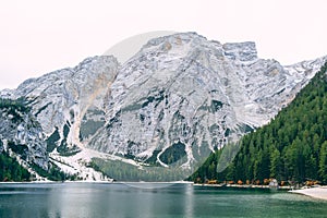 Braies Lake in Dolomites mountains, Sudtirol, Italy