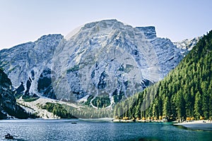 Braies Lake in Dolomites mountains, Sudtirol, Italy