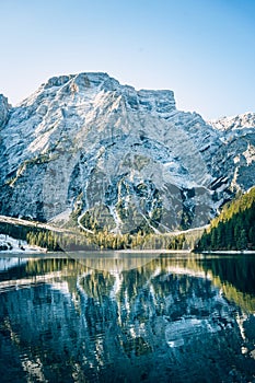 Braies Lake in Dolomites mountains, Sudtirol, Italy