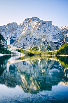 Braies Lake in Dolomites mountains, Sudtirol, Italy