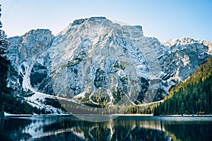 Braies Lake in Dolomites mountains, Sudtirol, Italy