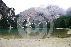 Braies Lake on the Dolomiti Mountain on the Italian Alps