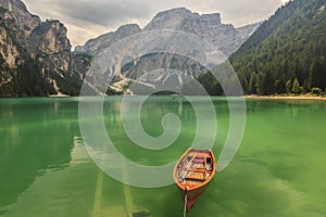 Braies Lake in Dolomiti mountains on a cloudy day,Trentino Alto