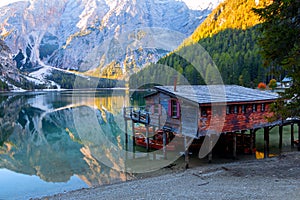 Braies lake and house in the background of Seekofel mountain P photo