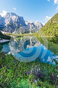 Braies Lake and Mountain Peak of Croda del Becco - Trentino Italy