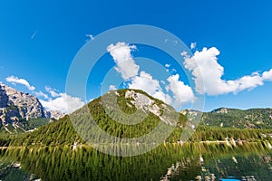 Braies Lake and Mountain Peak of Croda del Becco - Trentino Italy