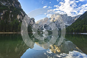 Braies Lake  Pragser Wildsee  in Dolomites Alps,  Sudtirol, Italy