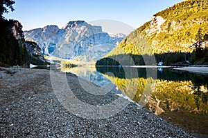 Braies Lake Pragser Wildsee in Dolomites mountains