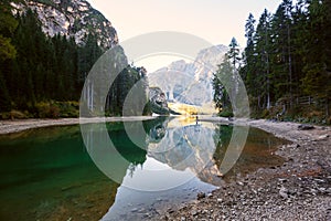 Braies Lake Pragser Wildsee in Dolomites mountains