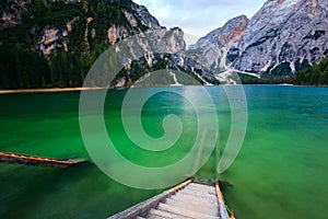 Braies Lake Pragser Wildsee in Dolomites mountains