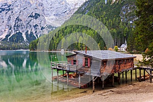 Braies Lake Pragser Wildsee in Dolomites mountains