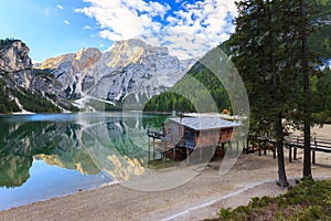 Braies Lake Pragser Wildsee in Dolomites mountains