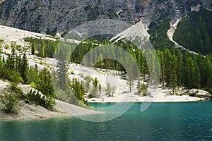 Braies lake seen from the path that surrounds Lake Braies. Dolomites, northern Italy, Europe