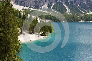 Braies lake seen from the path that surrounds Lake Braies. Dolomites, northern Italy, Europe