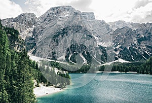 Braies lake seen from the path that surrounds Lake Braies. Dolomites, northern Italy, Europe