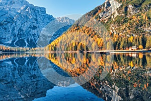 Braies lake at sunrise in autumn in Dolomites, Italy