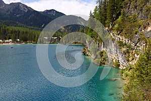 Braies lake tour, the path that surrounds Lake Braies. Dolomites, northern Italy, Europe