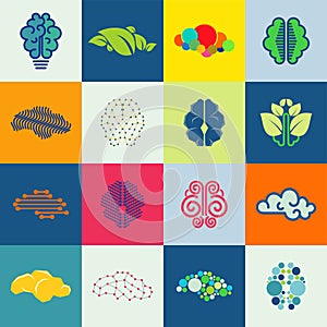 Brain 16 icons set. Collection of colorful brain symbols, concept of human mind, creation, imagination. Vector.