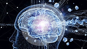 Brain are abstract geometric shapes and binary code representing