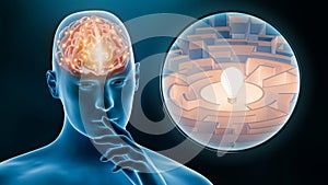 Brain activity of man while thinking 3D rendering illustration. Neuroscience, neurology, anatomy, science, medicine, psychology,
