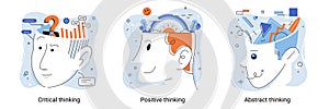 Brain activity set. Critical thinking, positive thinking, abstract thinking types of intellection. Creative metaphors