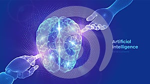 Brain. AI. Artificial Intelligence. Neural network. Hands of Robot and Human touching digital brain with binary code. IQ testing.